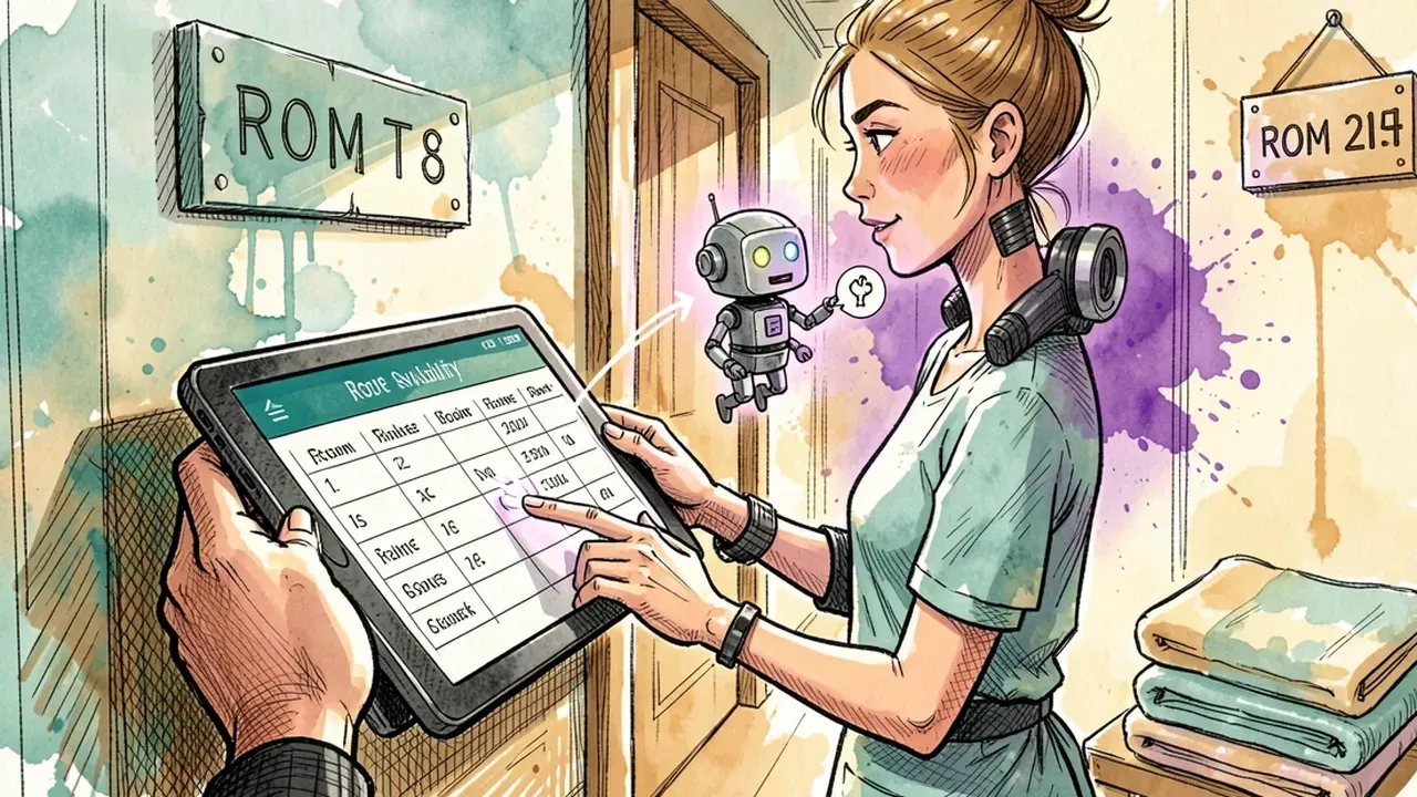 Front desk staff updating room availability on a tablet, reflected in real time by the AI agent