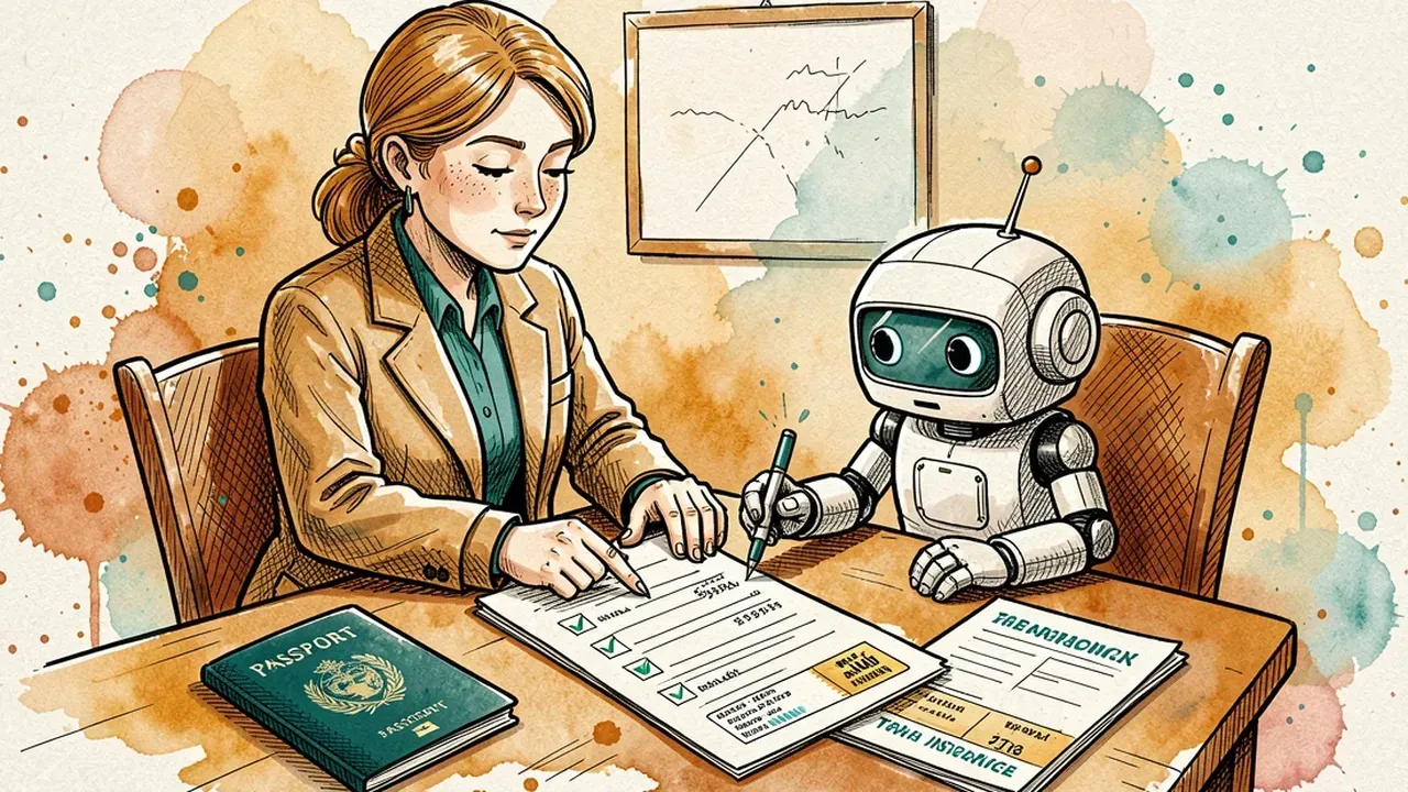 Travel consultant checking a document and boarding voucher checklist on a phone alongside the AI agent