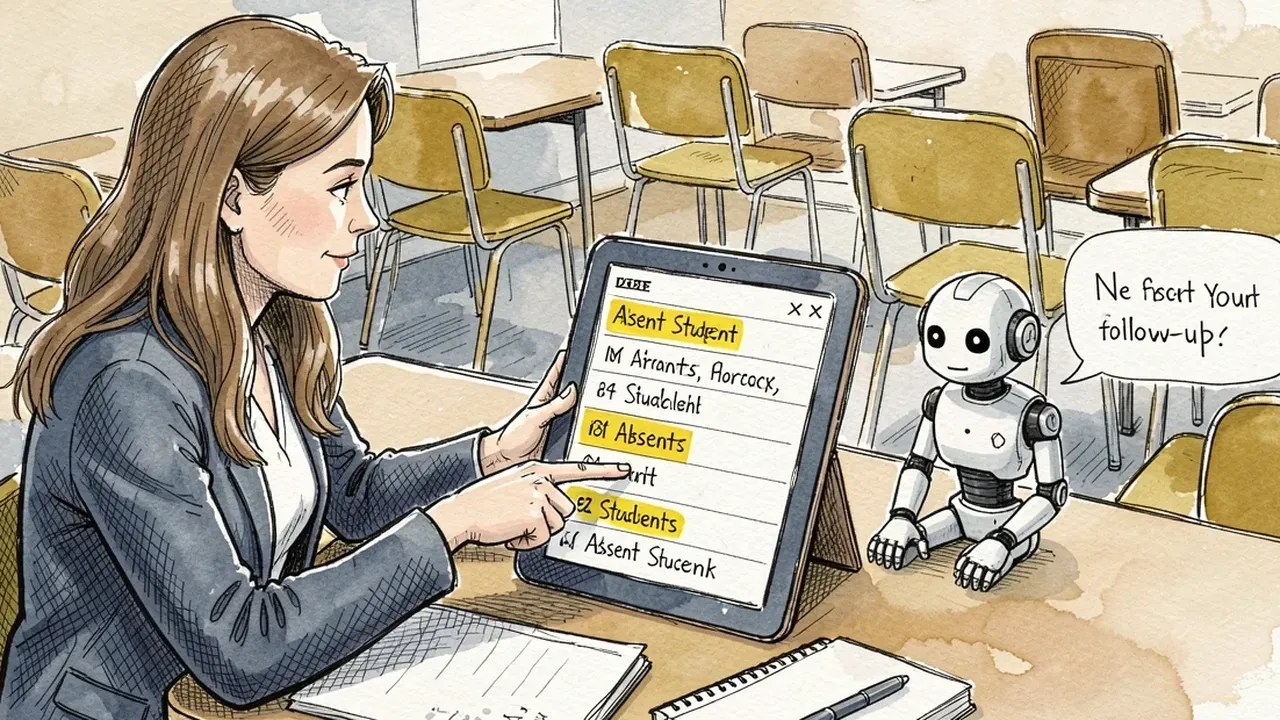 Academic coordinator reviewing a list of students with consecutive absences, with the AI agent already sending a follow-up message