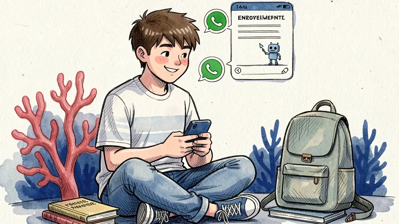 WhatsApp conversation screen showing an AI agent guiding a student through enrollment step by step