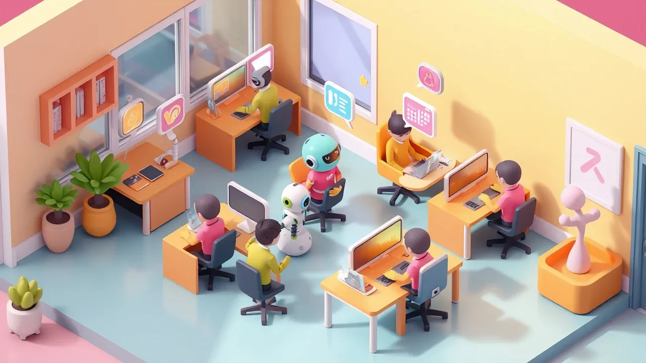 Isometric art of several scattered employees, each chatting with a different colorful AI robot or app, none of them connected to each other