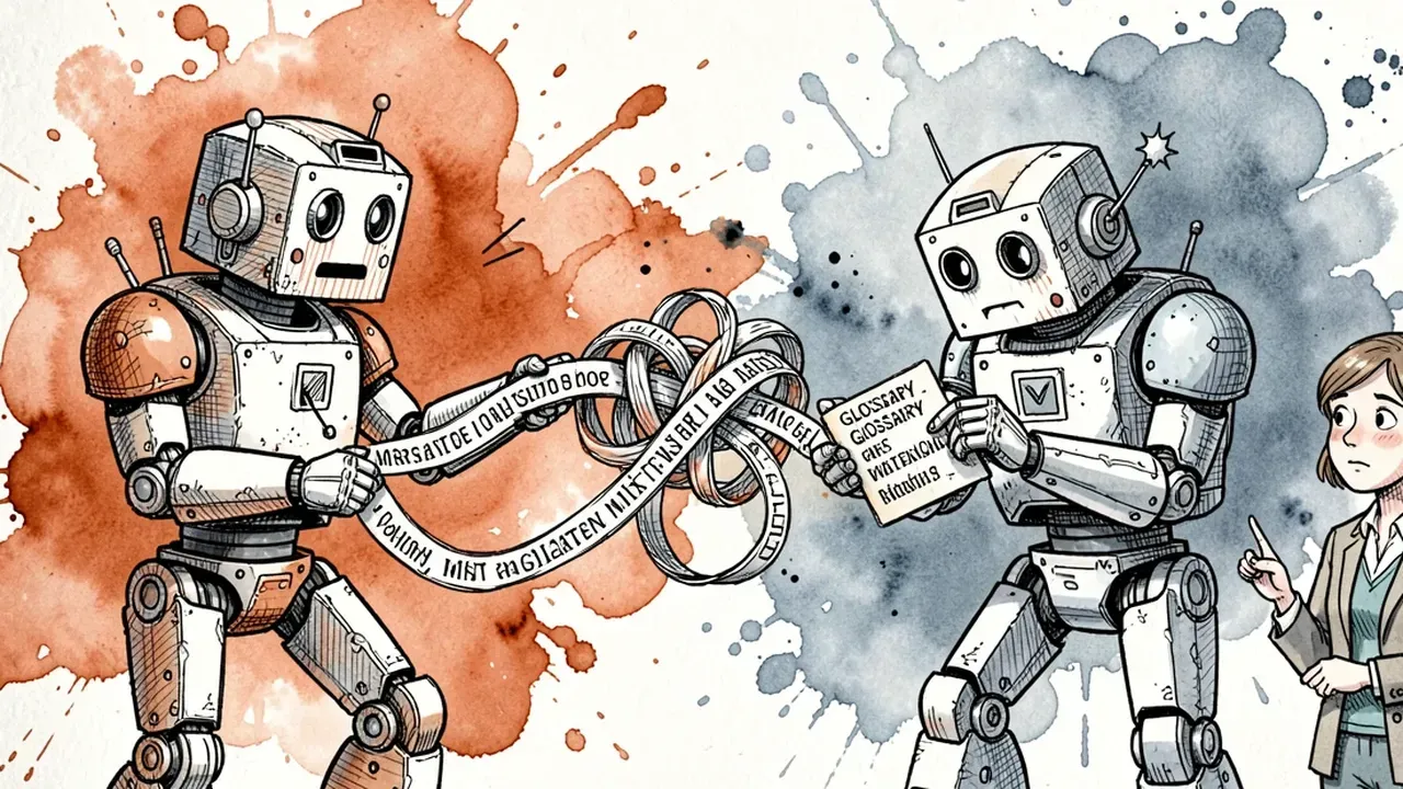 Two robots fixing a broken bridge of words: one holds a ribbon of scrambled text and the other patches it with a glossary card