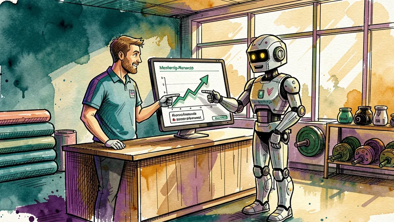 A gym manager and an AI agent reviewing a rising membership renewal chart together