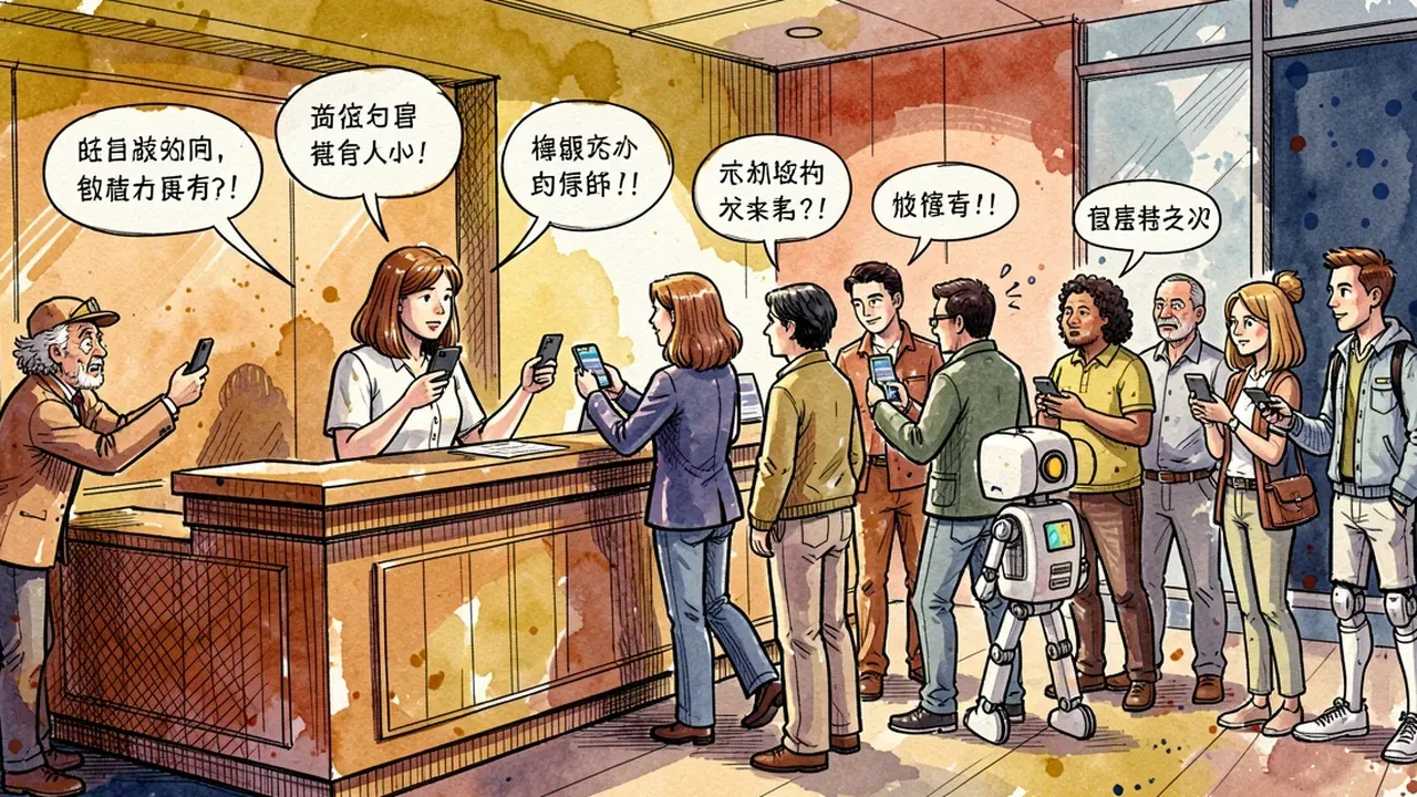 Hotel front desk with a line of tourists and a robot answering three customers at once in different languages