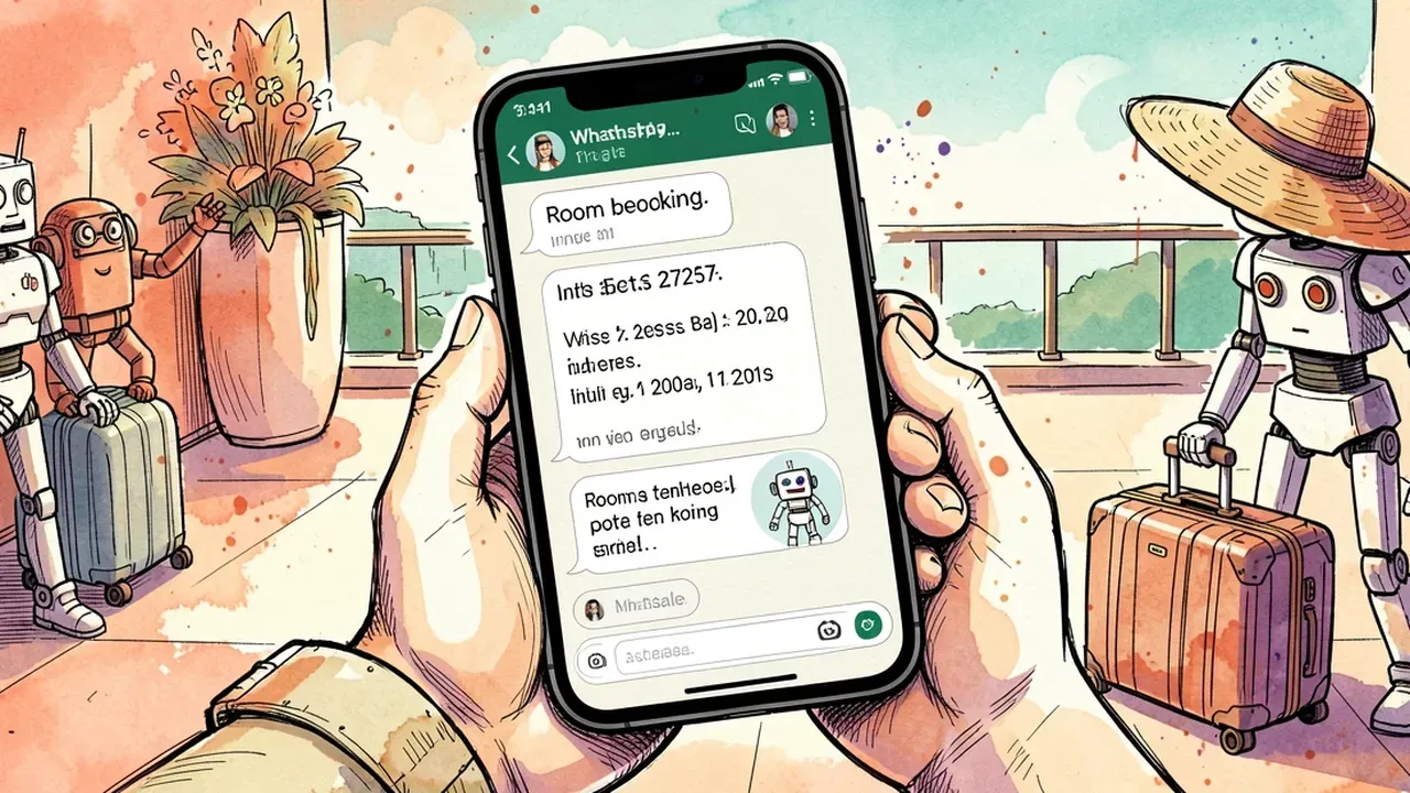 WhatsApp conversation screen showing an AI agent guiding a guest through a small inn booking step by step