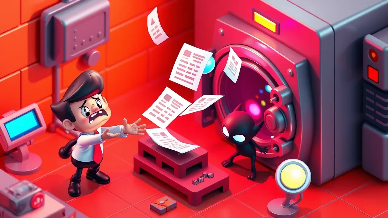 Isometric art of a worried employee trying to catch documents and data flying out of an open safe, with a sneaky shadow gremlin grabbing one, in red alert tones