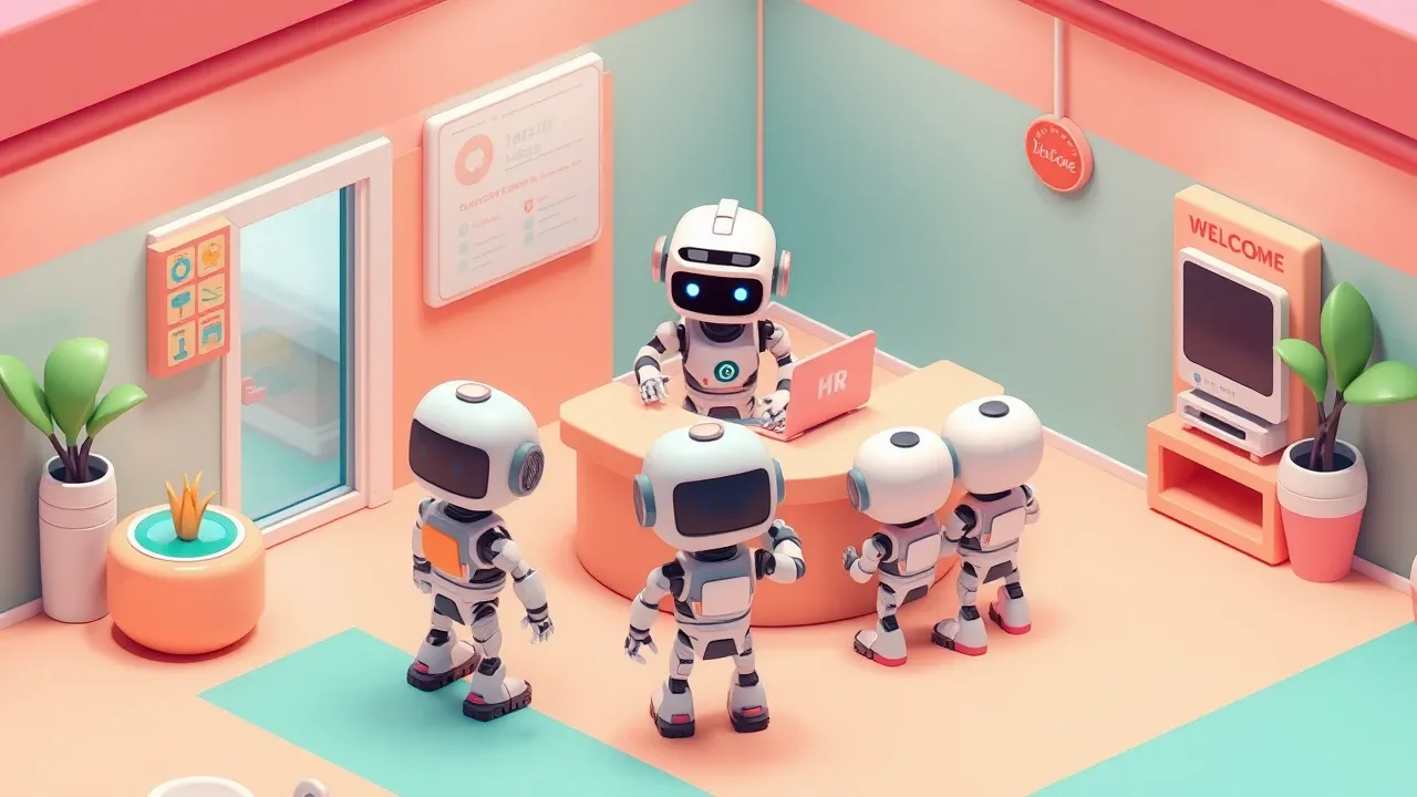 Isometric diorama of a friendly HR robot behind a welcome desk, helping several employee robots in line, a warm and welcoming setting