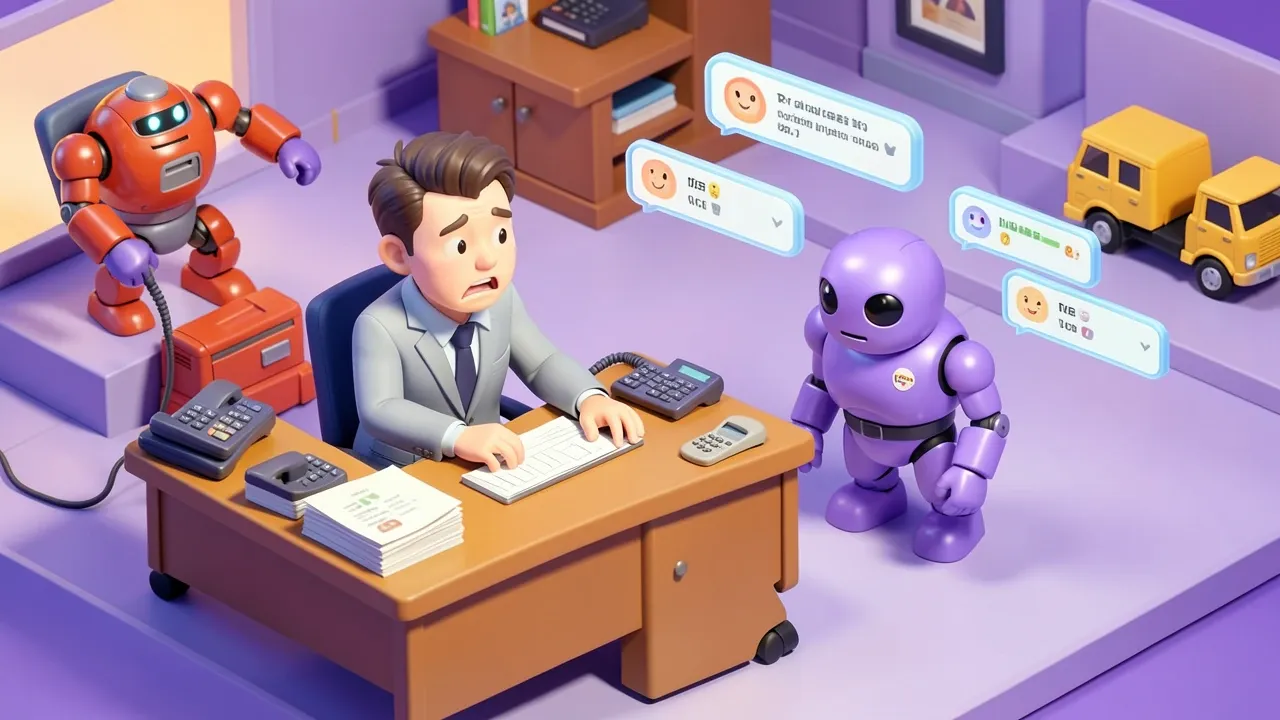 Isometric diorama of an overwhelmed operator surrounded by ringing phones, while a violet robot calmly organizes several tracking chats on floating screens, miniature trucks in the background, violet and amber palette