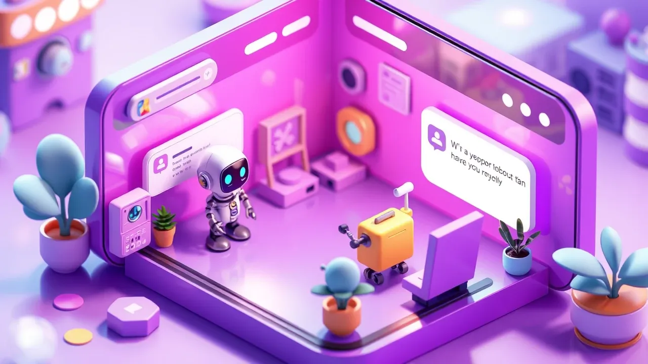 Isometric 3d mobile game art, a miniature website with a small chat window in the corner where a support robot talks to a visitor, a reply bubble popping up instantly, violet and light-blue palette with cheerful light, lively render