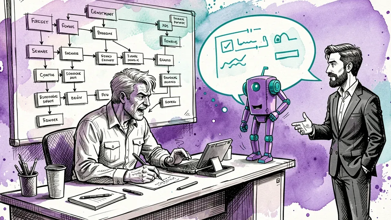 Isometric diorama of a developer connecting blocks and arrows on a giant flowchart board, next to a simple violet robot emerging from a chat bubble with a business person, teal palette against violet