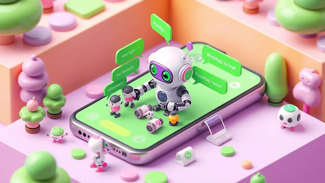 Isometric 3d miniature of a giant phone showing a WhatsApp chat, a friendly robot inside the screen answering several customers at once, green message bubbles, WhatsApp green and violet palette