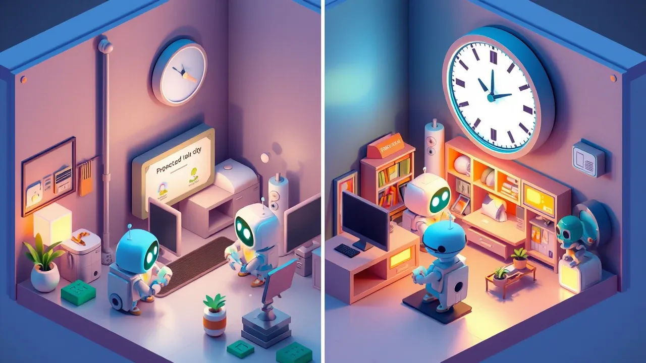 Isometric 3d miniature of a support center running in daytime and nighttime at once, robots answering customers while the city sleeps, a large clock showing 24 hours, night blue and warm amber palette