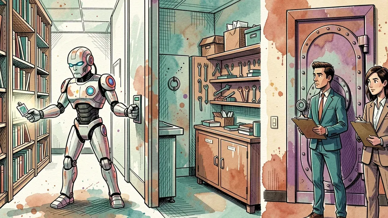 A robot agent swiping its badge at an office turnstile that leads to bookshelves, a tool cabinet and a vault door, while two people with clipboards watch