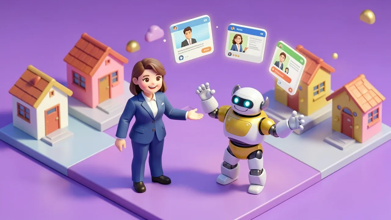 Isometric 3d diorama of a smiling real estate agent while a robot handles several client chats at once on floating screens, miniature houses in the background, violet and gold palette
