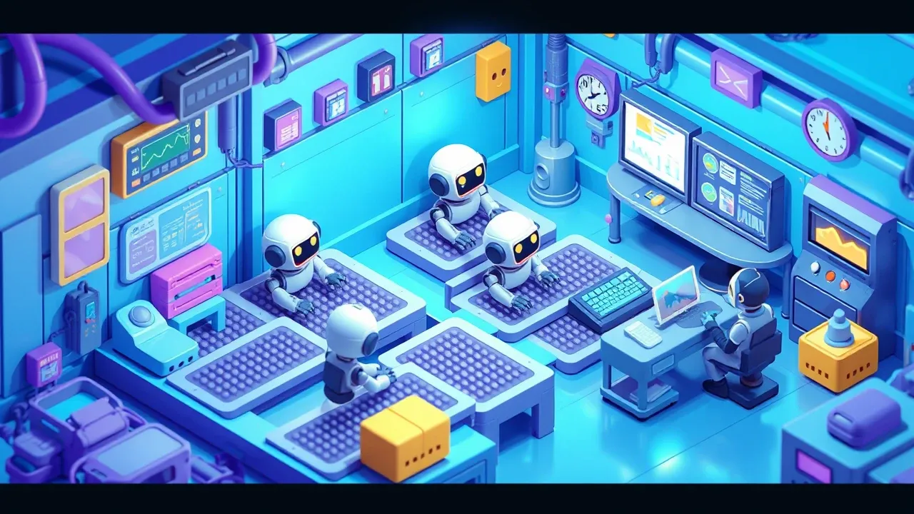Isometric 3d miniature operations center with robots tending several conveyor belts of repetitive tasks while a manager supervises a dashboard, blue and violet palette