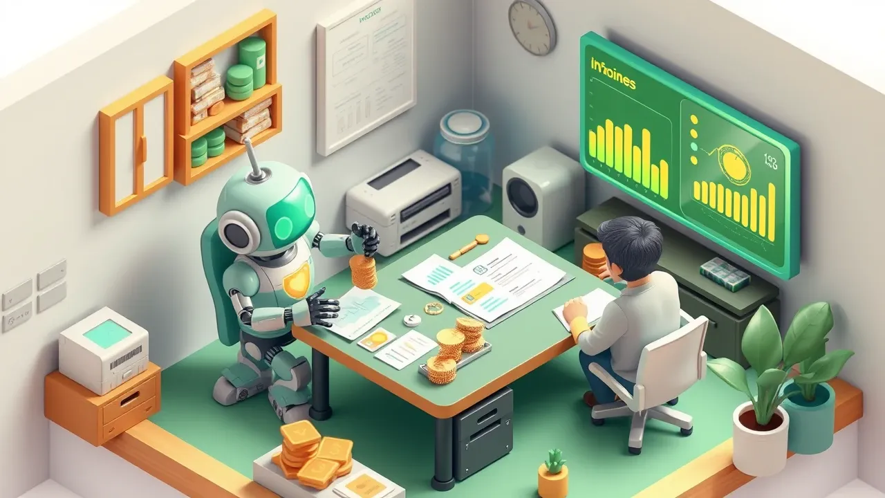 Isometric 3d miniature finance office with a robot organizing invoices, coins and charts while a person reviews a dashboard, emerald green and gold palette