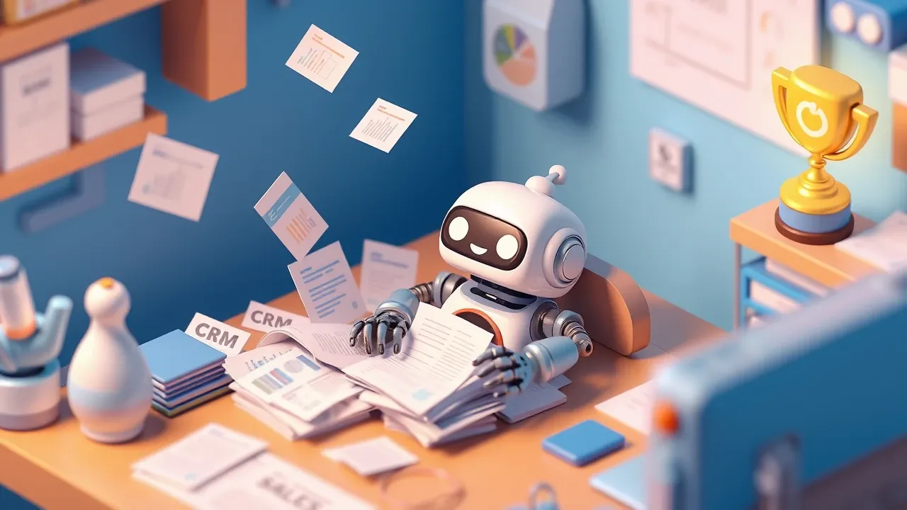 Isometric diorama of a sales robot buried in paperwork and CRM icons, while a small sales trophy glows far away on the desk, blue and amber palette