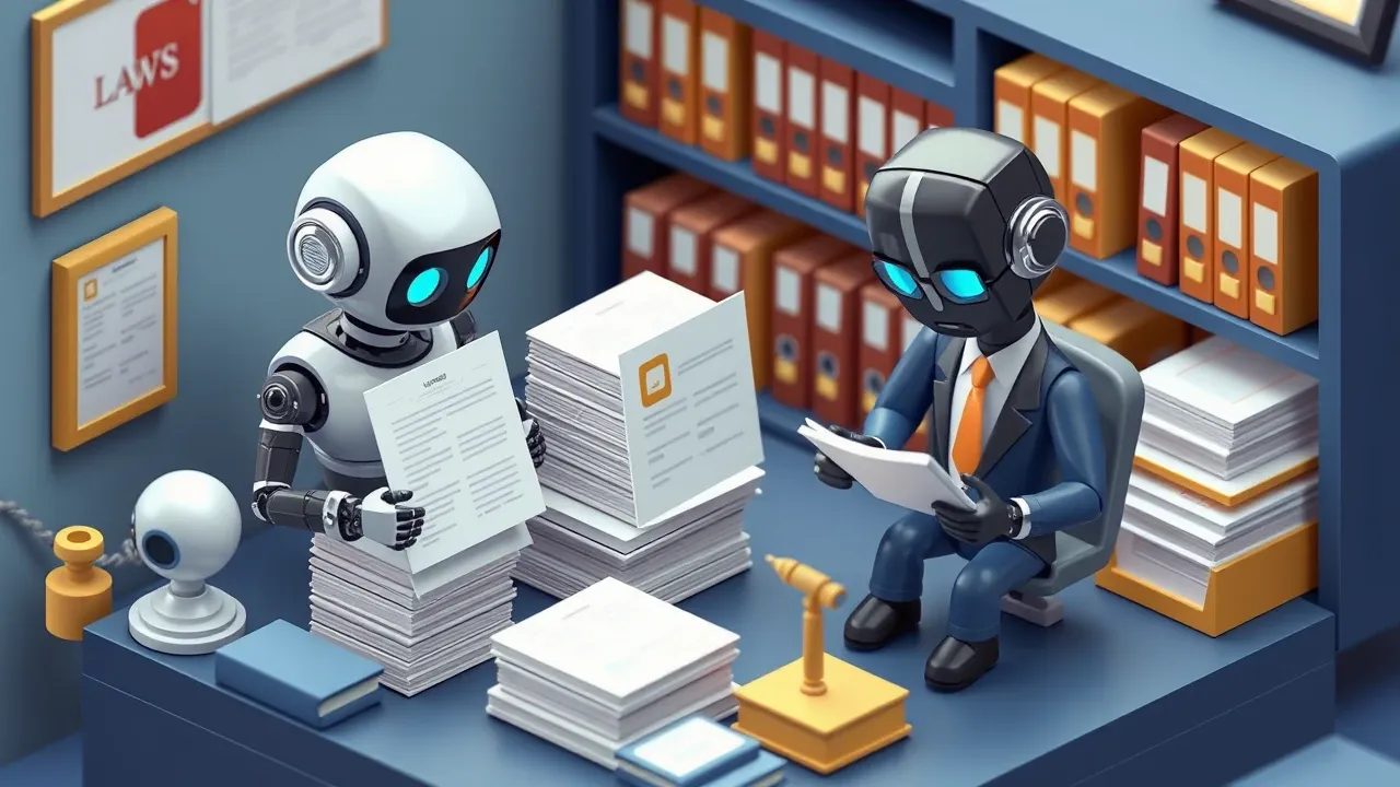 Isometric 3d miniature of a law office with a robot reading stacks of contracts while a lawyer reviews what it flagged, shelves of case files behind, navy and gold palette