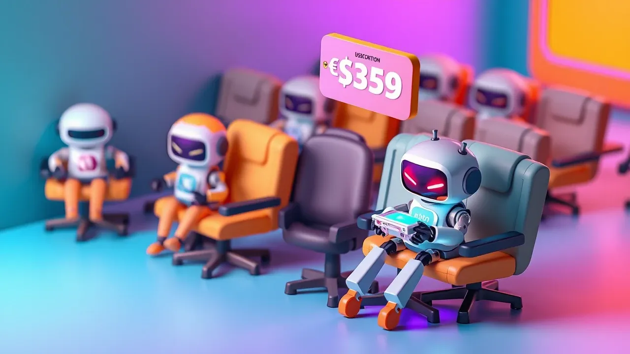 Stylized robots sitting in empty office chairs, each with a subscription badge, some asleep