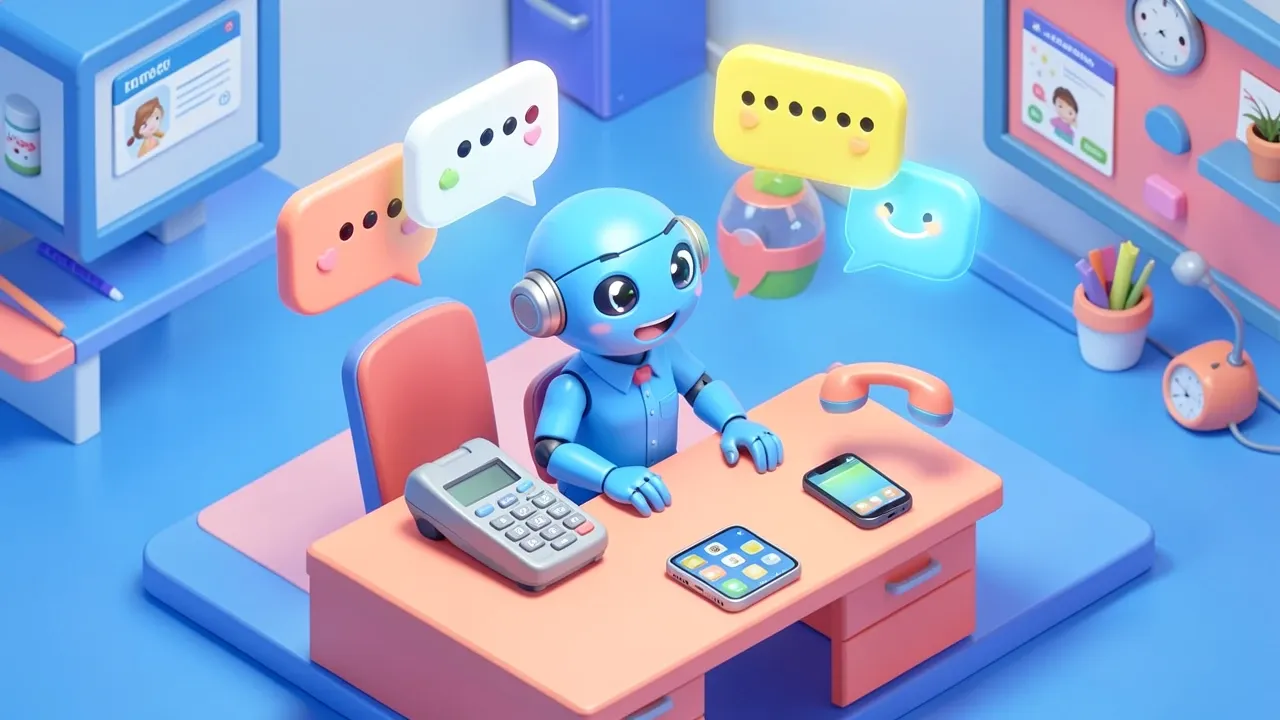 Isometric 3d robot receptionist surrounded by multiple chat bubbles blinking at once, a phone and a smartphone ringing together, blue and coral palette