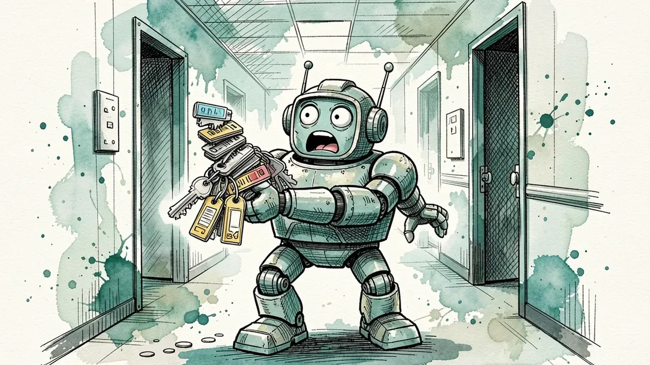 Robot carrying a stack of keys and badges spilling from its hands, with doors left open in the background, teal and gray palette