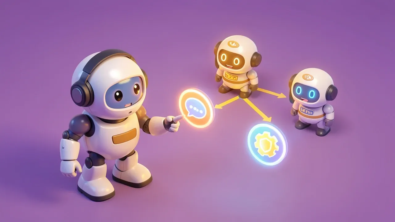 Isometric diorama of a captain robot with a headset pointing at a holographic org chart connecting three specialist robots, each glowing with a different role icon, violet and amber palette