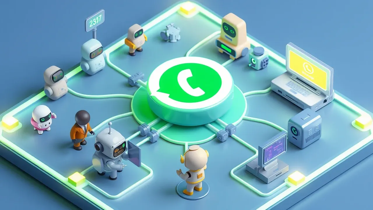 Isometric 3d miniature of a central WhatsApp number connected by glowing cables to several human agents, robots, and company systems, the green WhatsApp symbol at the center, green and blue palette