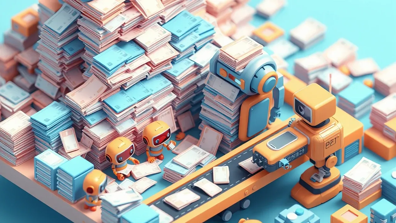 Isometric 3d IT team buried under a pile of identical tickets while a robot starts sorting the repeats onto a conveyor belt, blue and orange palette