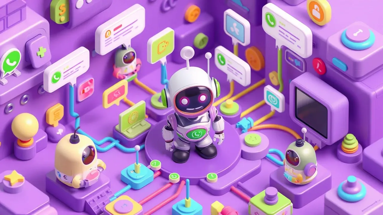 Isometric 3d mobile game art, several message channels (WhatsApp, Instagram, web, Telegram) converging in colorful threads into a single central hub where a support robot organizes everything, a happy customer at the center, violet palette with green and blue accents, vibrant render
