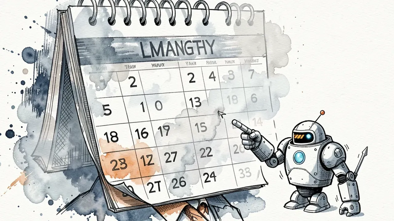A manager's head drawn as a foggy calendar, the last month sharp and vivid while earlier months fade into pale grey mist, a small robot pointing to try to help remember