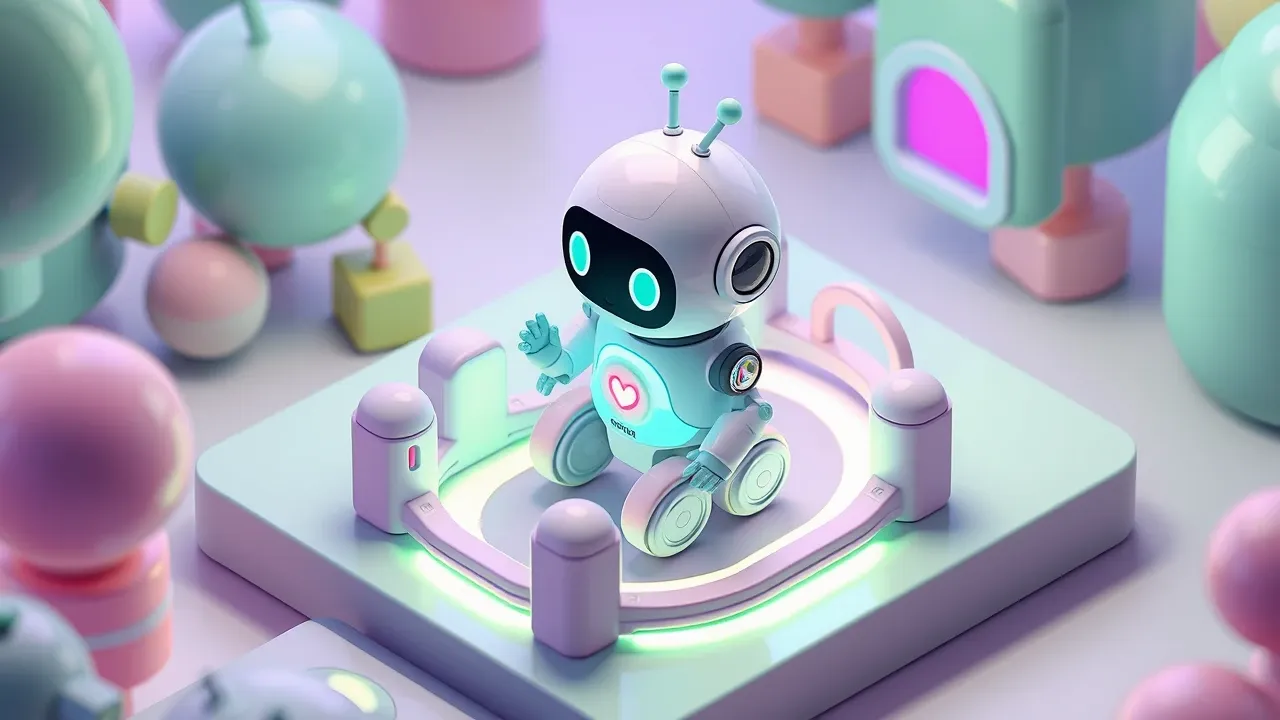 A robot assistant talking inside a glowing protective track, with soft rounded fences guiding its path