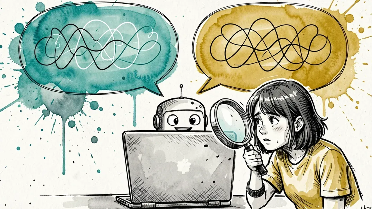 Ink and watercolor sketch of two identical speech bubbles floating over a chat window, one true and one invented, a puzzled customer with a magnifying glass unable to tell them apart, and a robot smiling behind both