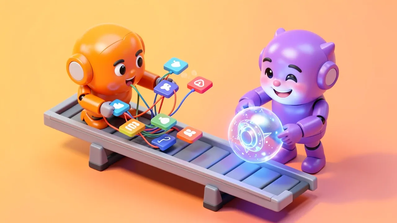 Isometric diorama of an orange robot wiring dozens of app icons together on a short conveyor belt, on the other side a violet robot chatting with a person while assembling a full agent, orange against violet palette