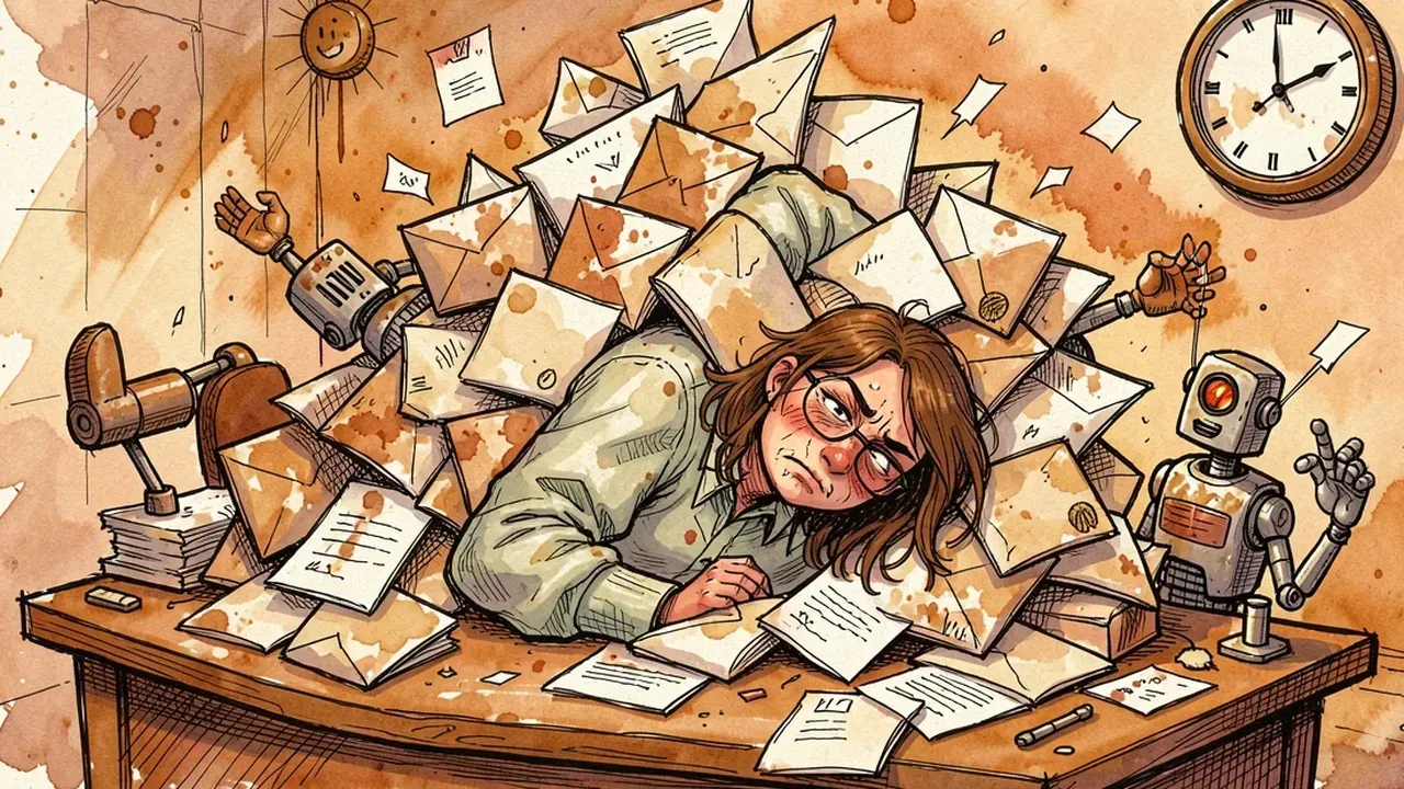 A support inbox overflowing with stacked email messages, one person drowning in paper trying to read all of it at once