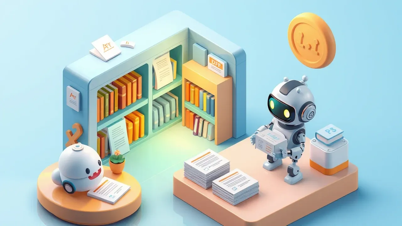 Isometric 3d documents and PDFs flowing into a glowing library and coming out as organized answers a robot delivers, blue and amber palette