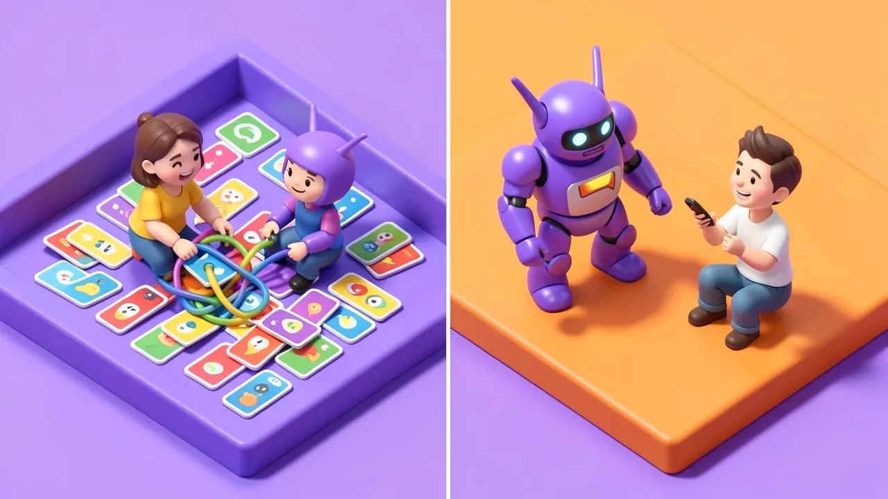 Isometric diorama showing on one side a person tangled up connecting dozens of colorful flow cards, on the other a purple robot and a relaxed person chatting to build an agent, purple palette against chaotic orange