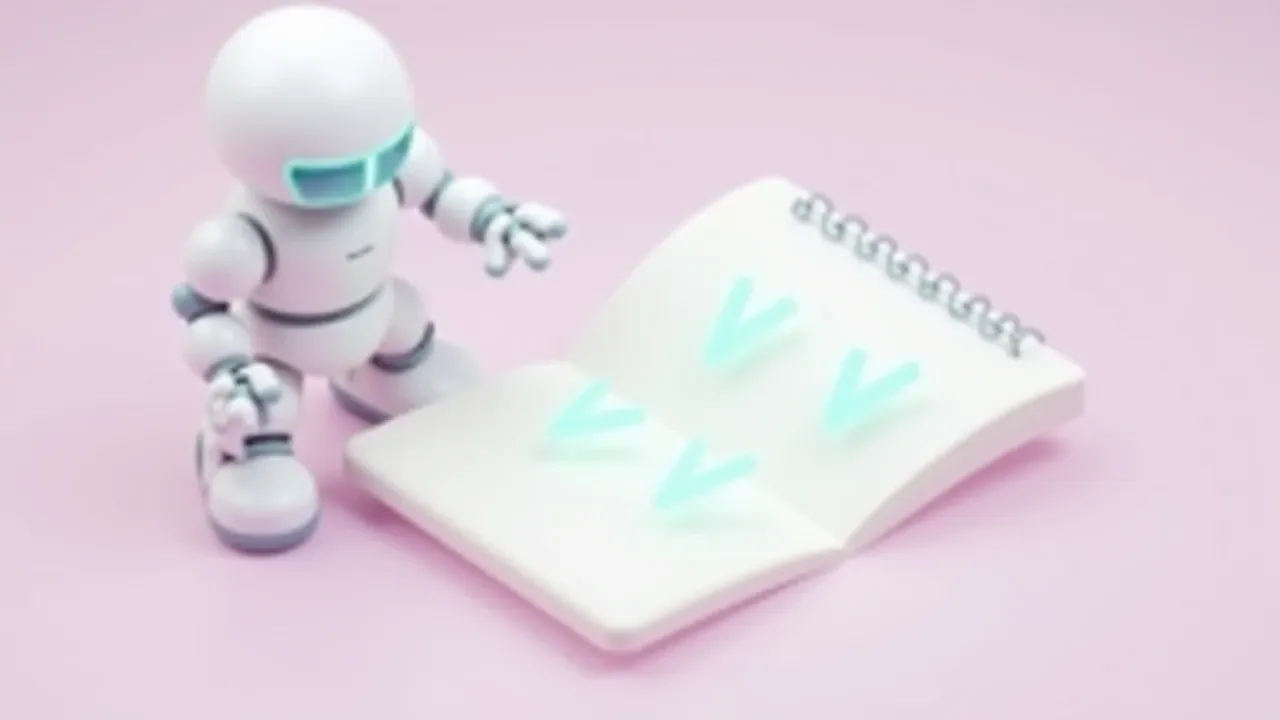Friendly robot presenting an AI usage rulebook with checked items