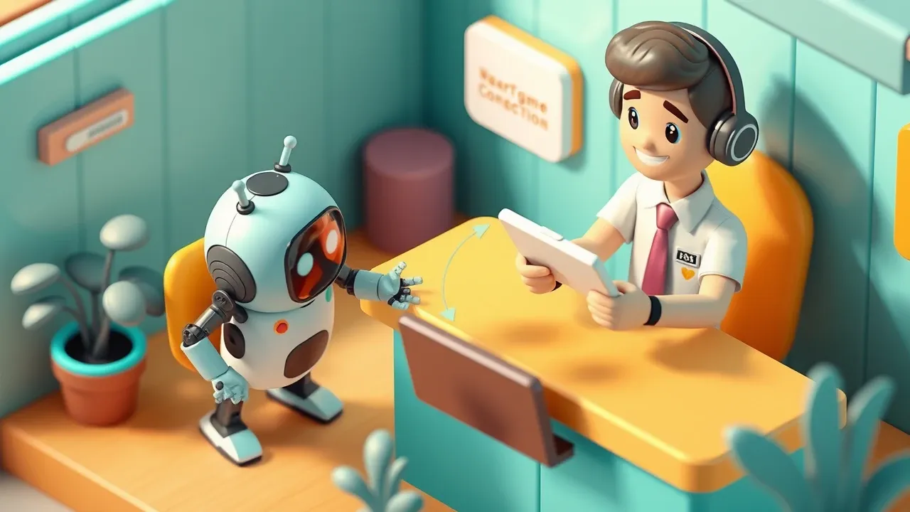 Isometric 3d mobile game art, miniature support robot passing a chat bubble to a smiling human agent behind a counter, a clear transfer arrow between them, a context folder handed over too, teal and warm amber palette, lively casual game render