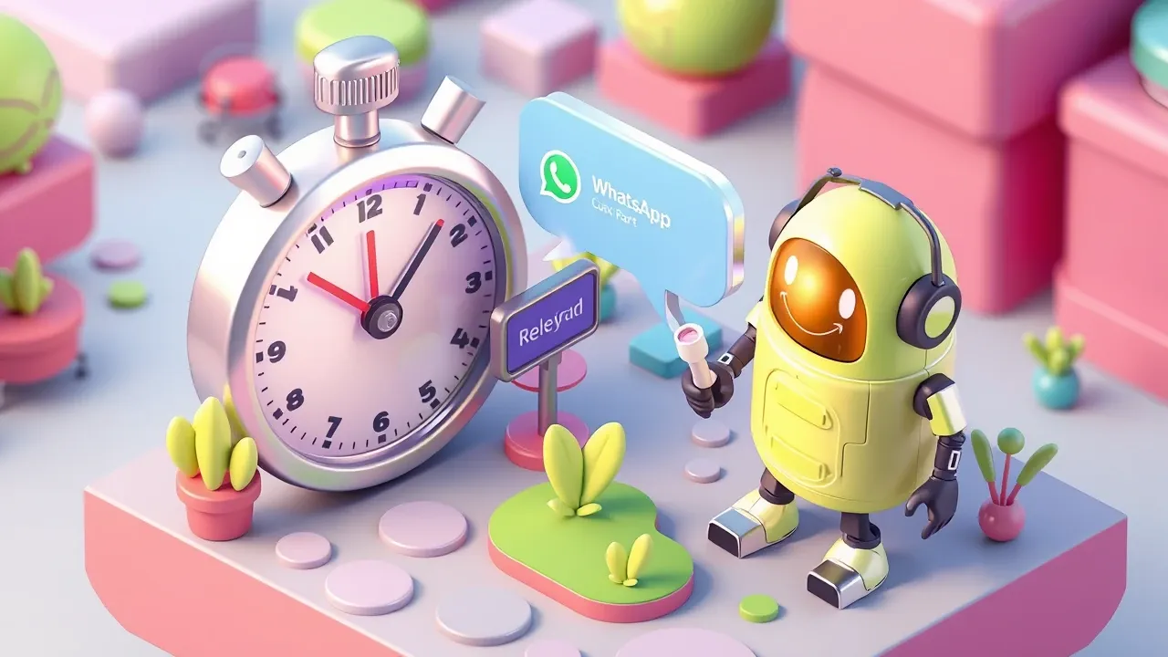 Isometric 3d mobile game art, a giant stopwatch next to a WhatsApp message bubble, a support robot replying the exact second the message arrives, a relieved customer smiling, whatsapp-green and violet palette with warm light, vibrant render