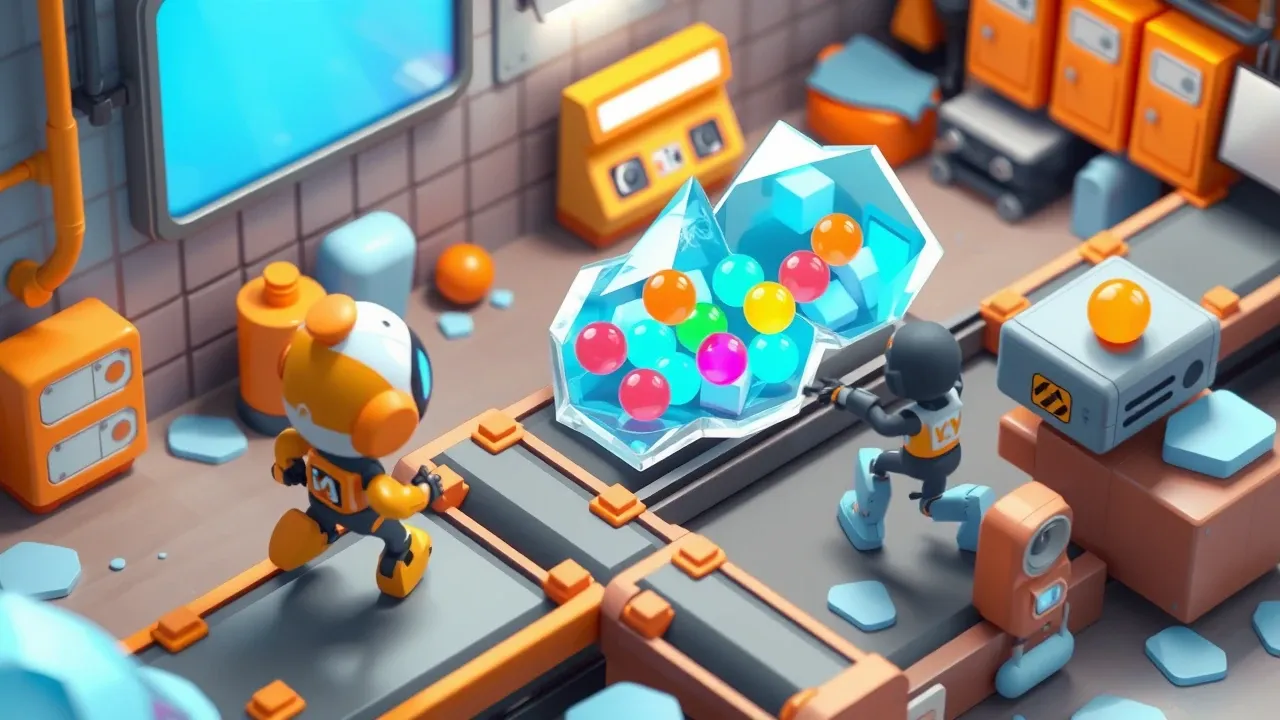 Isometric diorama of colorful leads cooling into ice on an abandoned conveyor, while a sales robot chases a new lead and forgets the old ones, ice-blue and orange palette