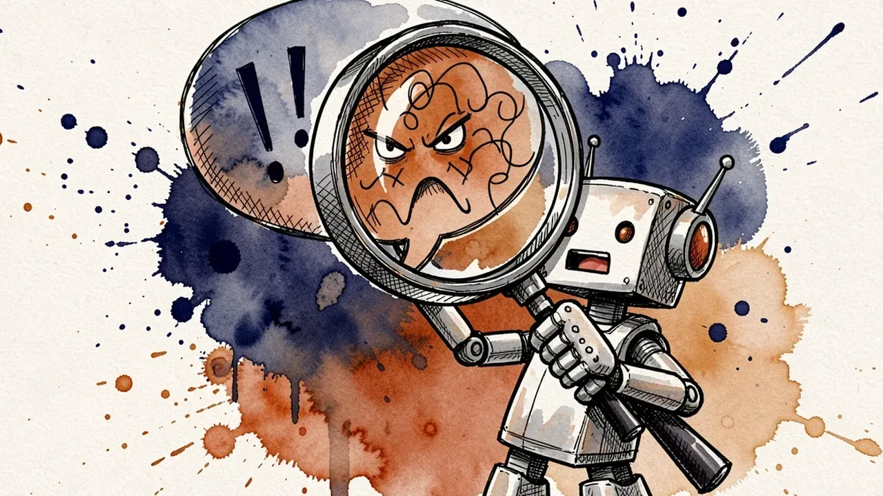 AI robot agent holding a magnifying glass over a chat bubble, revealing hidden angry scribbles inside the words, watercolor style