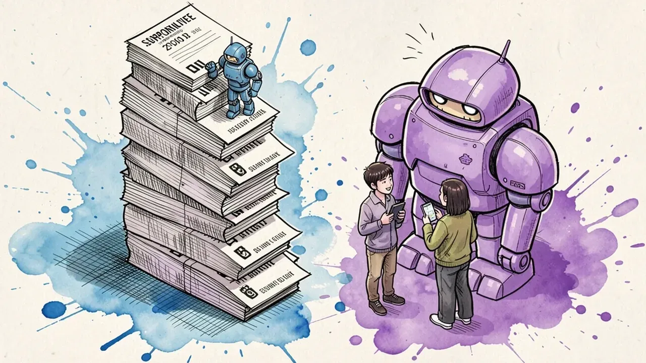 Isometric diorama of a tower of stacked support tickets with a small robot stamping each one, next to a larger violet robot naturally chatting with a person holding a phone, blue palette against violet