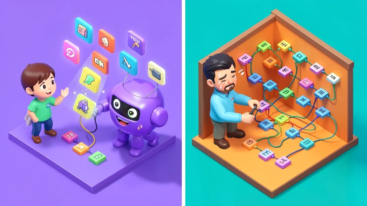 Isometric diorama showing on one side a violet robot assembling an agent while a person chats casually, on the other a sweating engineer wiring dozens of flowchart nodes by hand, violet against a chaotic orange and teal palette