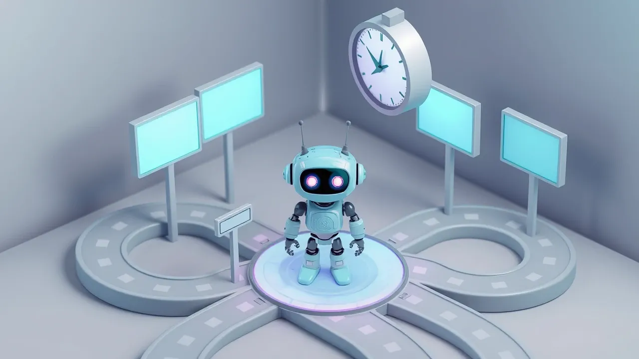 Isometric diorama of a new employee robot standing at a confusing crossroads with blank signposts and a large clock marking wasted time