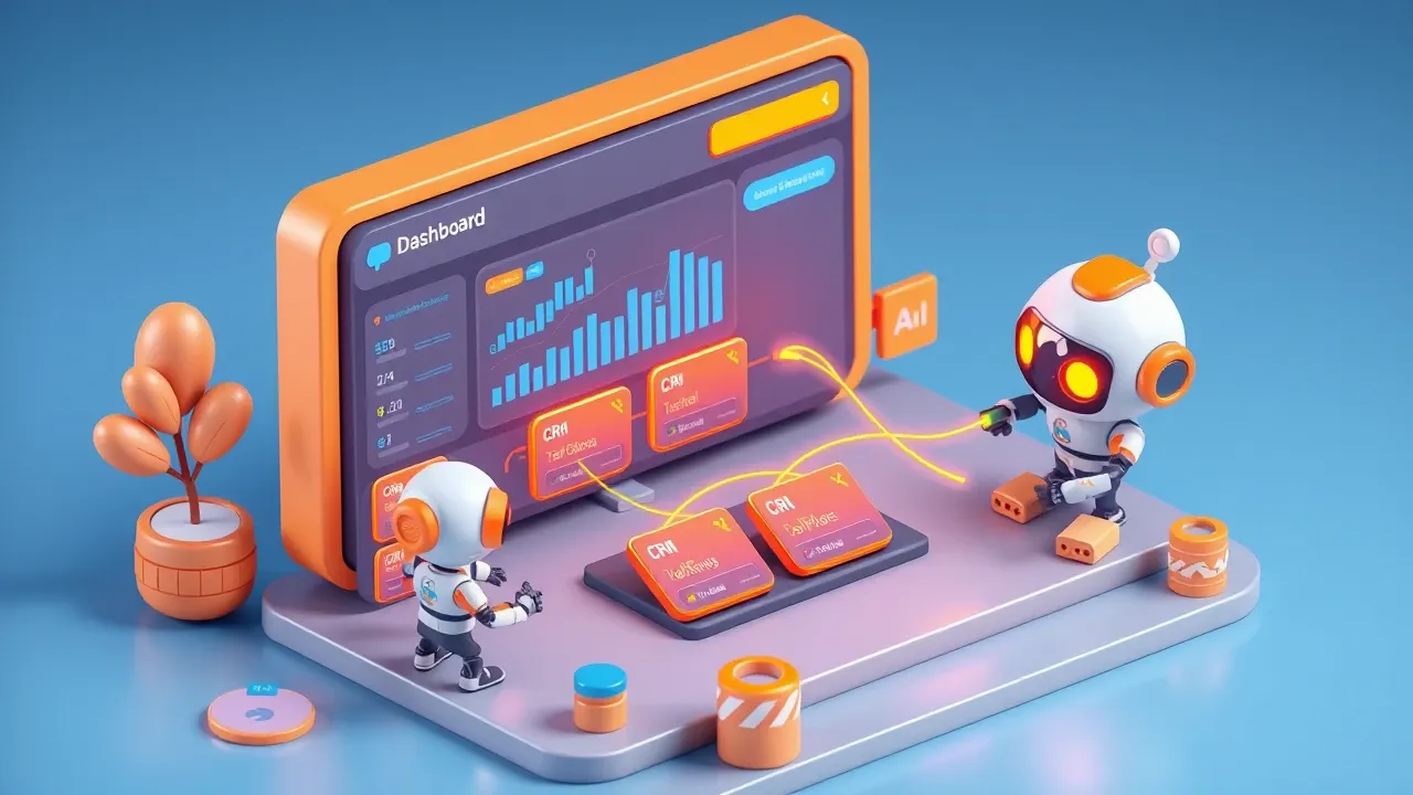 Isometric 3d miniature of a robot connecting a CRM dashboard to several data boxes with glowing cables, deal cards updating on their own, orange and blue palette