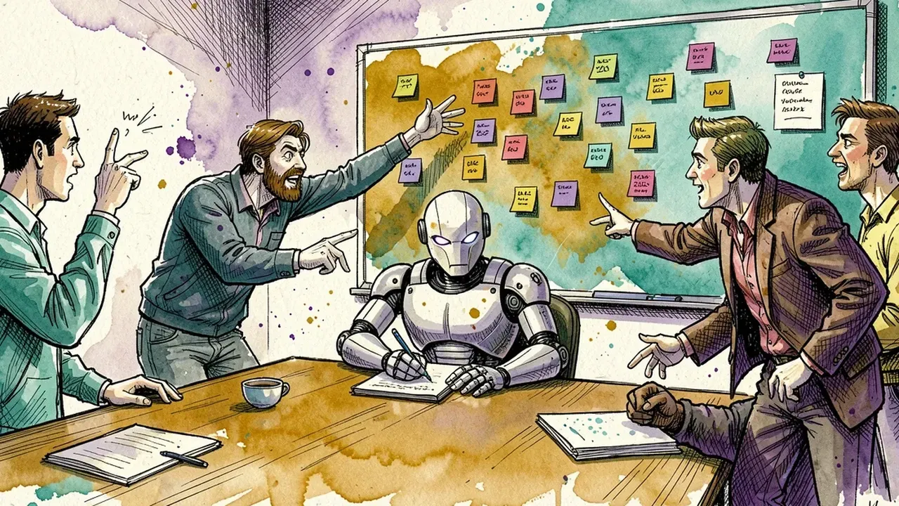 Agent robot sitting at the end of a meeting table, writing in a notebook while five people argue and gesture at a board full of colorful sticky notes