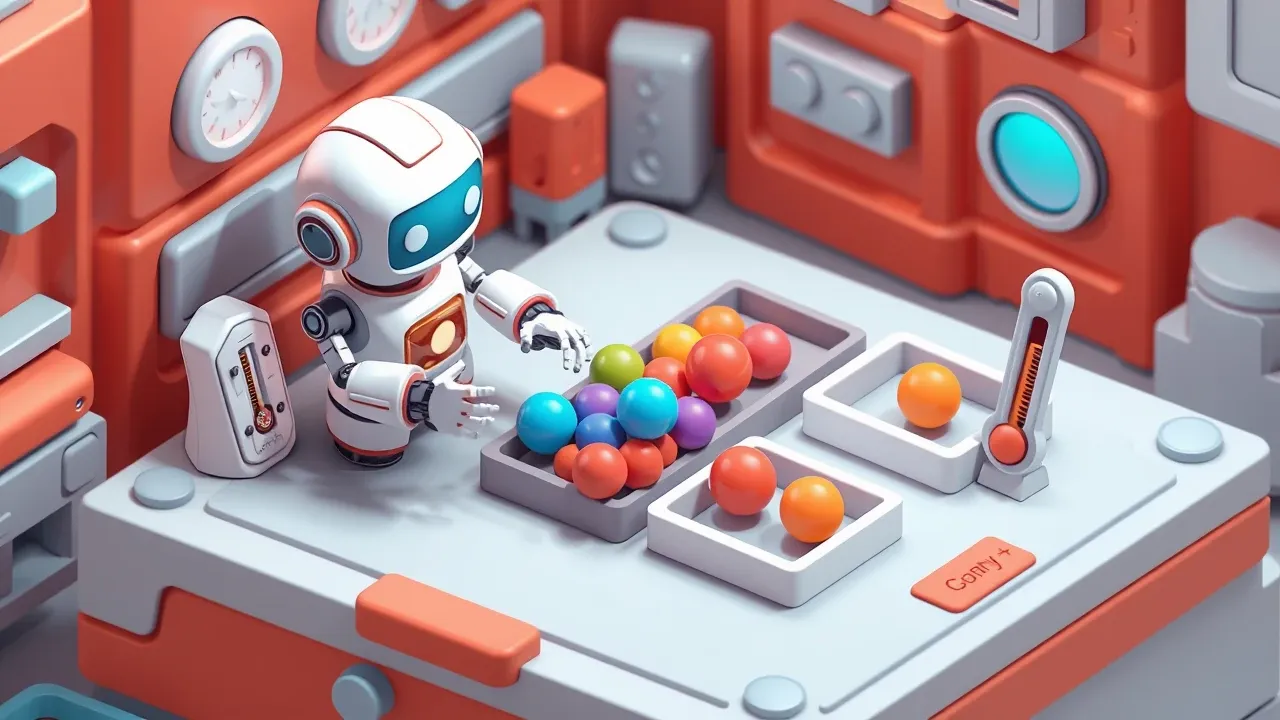 Isometric diorama of a robot sorting colorful leads into three trays labeled hot, warm, and cold, with friendly thermometers beside them, red-orange and blue palette