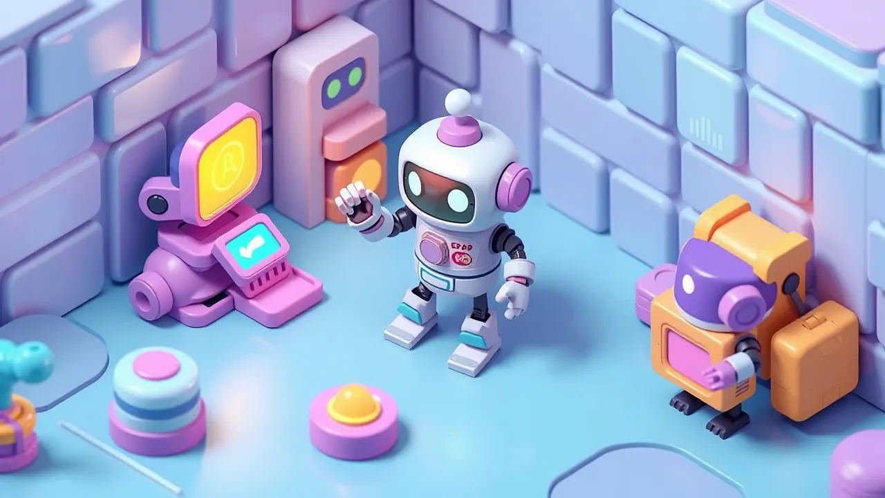 Isometric 3d robot agent receiving a goal, picking tools from a belt and executing several steps on its own, violet and turquoise palette