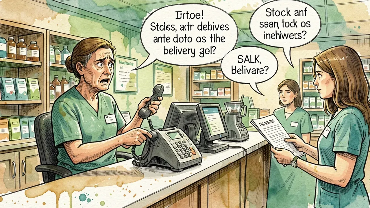 Overwhelmed pharmacist answering the phone and messages at the same time behind the counter