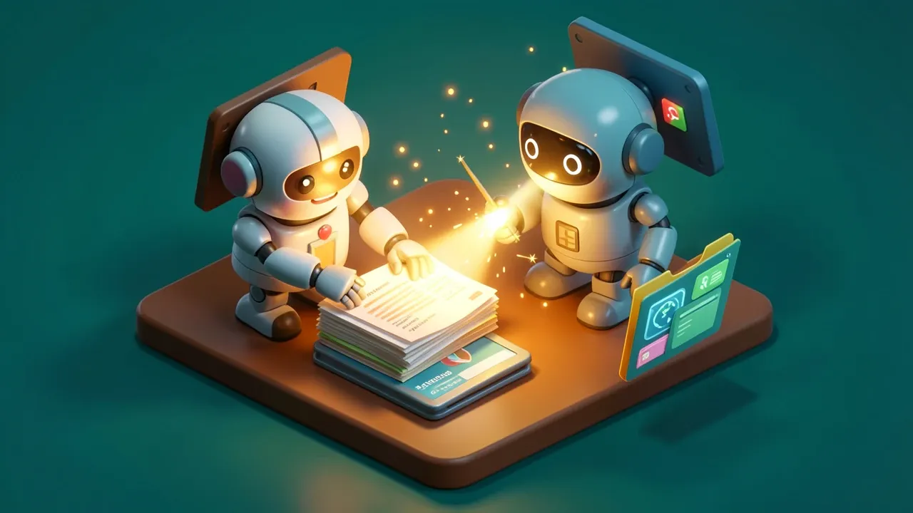 Isometric 3d robot accountant sorting glowing document stacks into folders with tax icons, on a cozy office desk, amber and teal palette